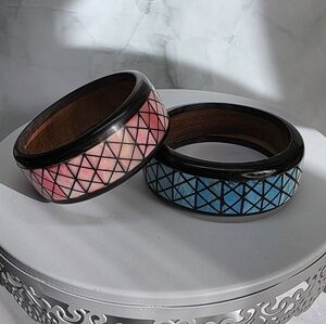 Artisan Bone & Wood Geometric Inlay Bangle – Blush Pink ONLY